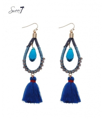 Blauwe Oorhangers met Steentjes, Koord en Kwasten - Trendy Sieraden Online