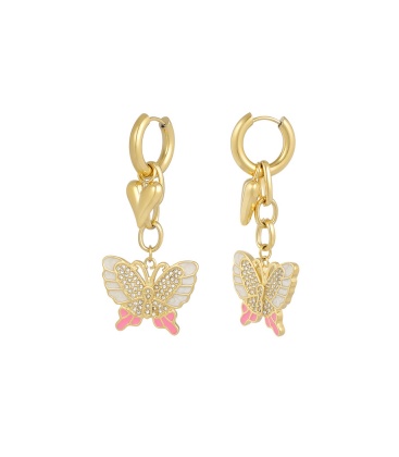 Goudkleurige oorhangers met vlinder en hartje - Romantische sieraden