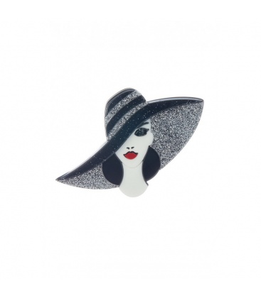  Zwarte dame broche met hoed en grijze glitter elegant en sprankelend