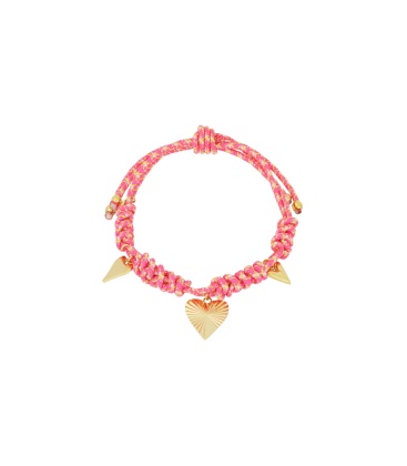 Fuchsia roze geknoopte armband met goudkleurige bedels