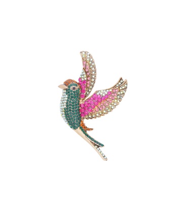 Groen met roze gekleurde broche in de vorm van een vogel gevuld met strass steentjes 